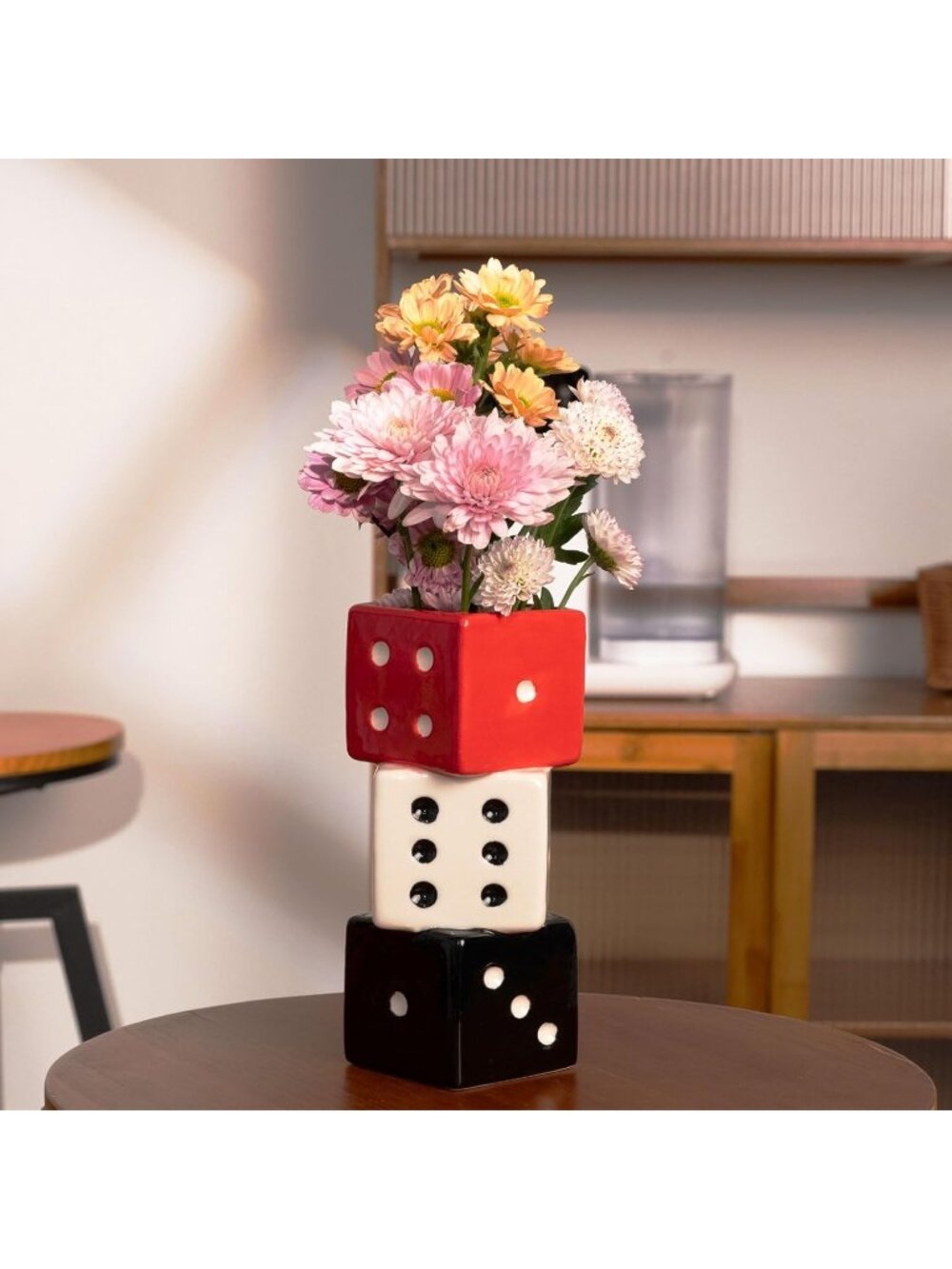 MOUGIGI Triple Dice Vase, Black White Red Ceramic Geometric Flower Home Decor